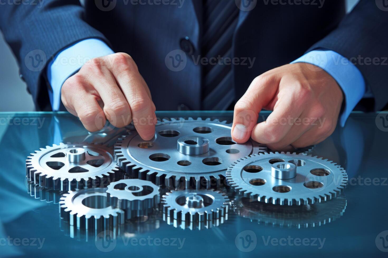 Man holding gear in hands. Teamwork metallic silver equipment industrial progress engineering machine mechanical cog wheel technology steel power transmission motion circle construction photo