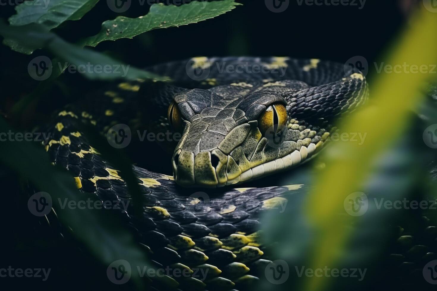 Colorful snake python cobra viper forest hiding waiting for prey rainforest jungle untouched nature predator venomous venom dangerous wildlife poisonous animal skin tail creepy african photo