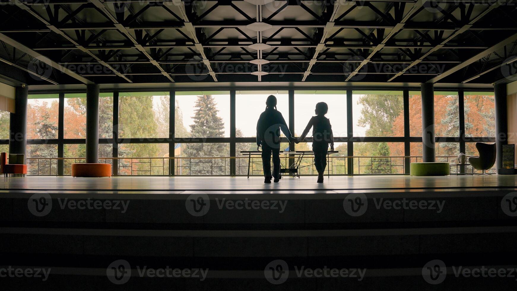 Back view two best friends classmates climb steps holding hands after primary school day lessons education study children silhouette kids pupils with knapsack unrecognizable go home together vacations photo