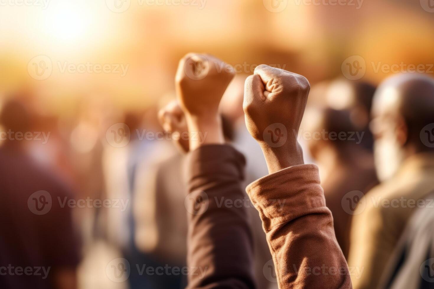 Close up unrecognizable group different people crowd protesters raised hand fist in air fighting outside sunlight sunset blurred city street copy space. Teamwork unity equality protest photo
