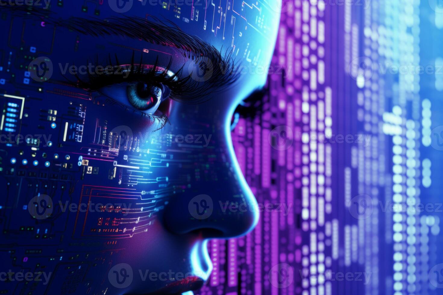 Close up cyberspace neon blue futuristic young woman female robot face eyes viewing online information data startup. Artificial intelligence communication network virtual reality digital photo
