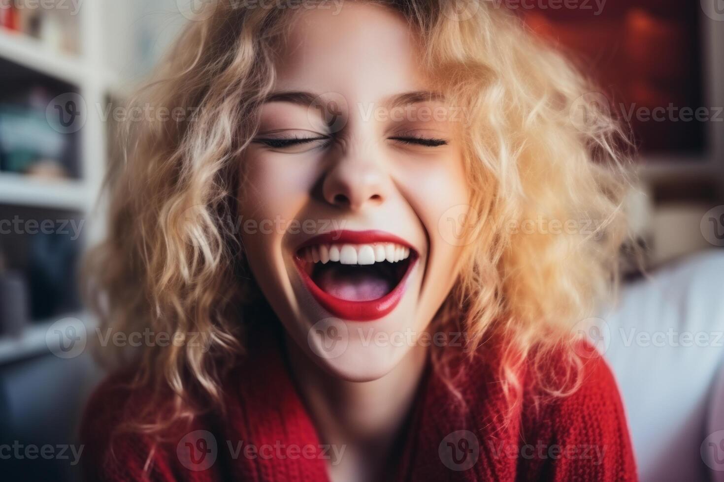 Close up portrait pretty happy laughing blonde Caucasian woman curly hairstyle girl red lipstick make up mouth perfect smile white teeth lady female joy laugh closed eyes indoor living photo