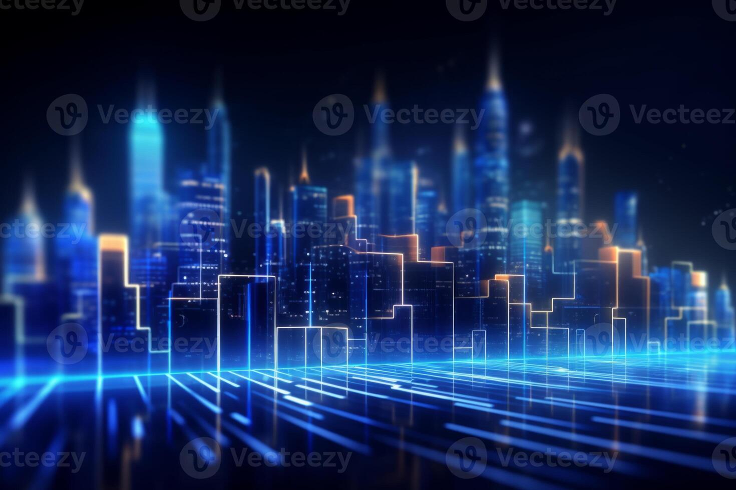 Futuristic cyberpunk digital smart city blue neon lights skyscrapers urban architecture building wireless network tech connection abstract background future technology virtual reality photo