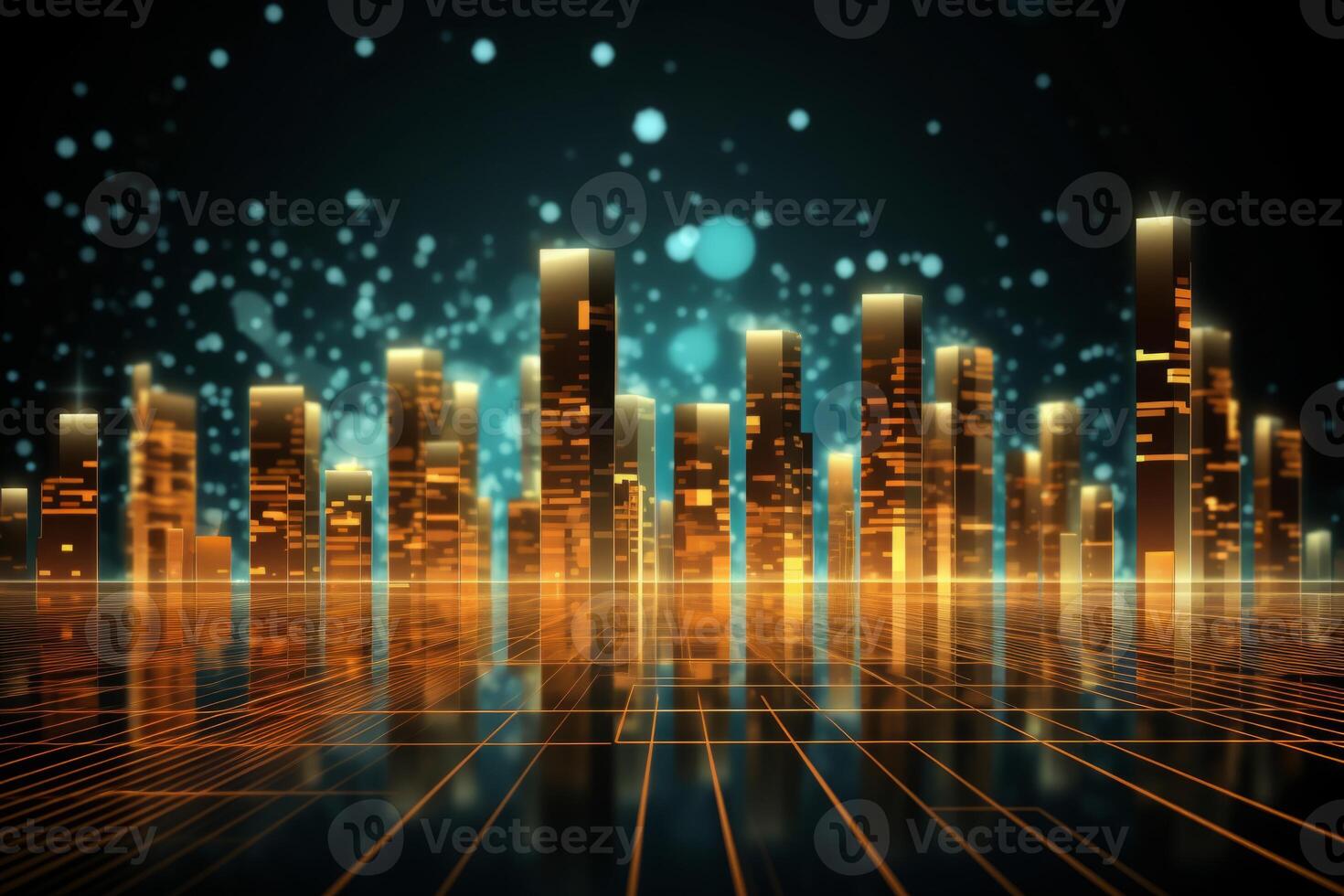 Futuristic cyberpunk digital smart city blue neon lights skyscrapers urban architecture building wireless network tech connection abstract background future technology virtual reality photo