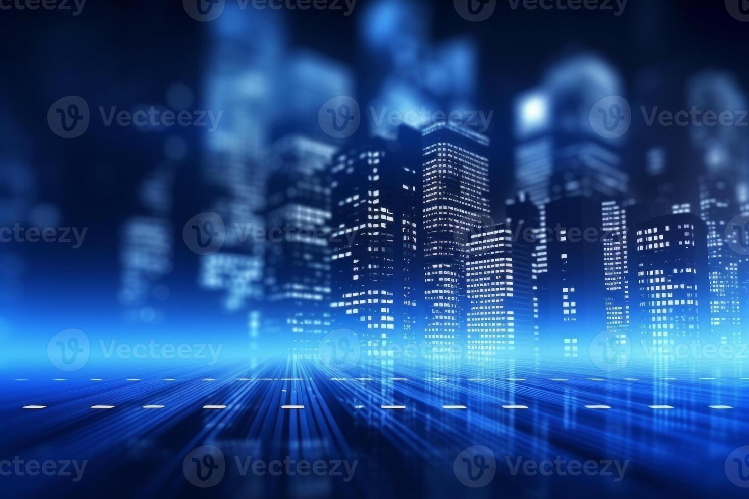 Futuristic cyberpunk digital smart city blue neon lights skyscrapers urban architecture building wireless network tech connection abstract background future technology virtual reality photo