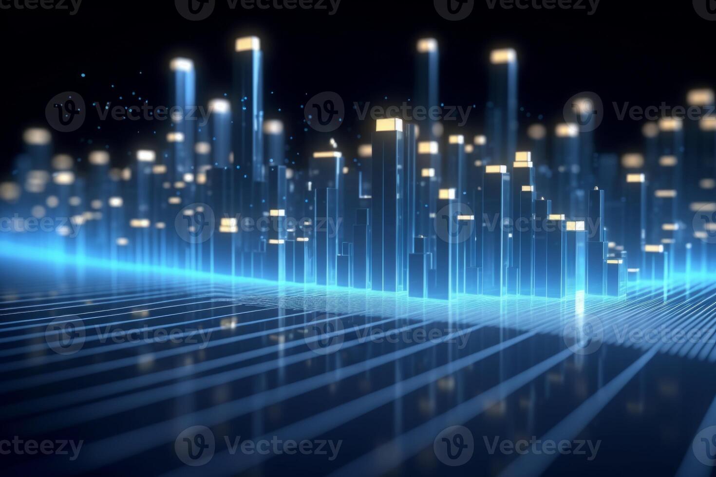 Futuristic cyberpunk digital smart city blue neon lights skyscrapers urban architecture building wireless network tech connection abstract background future technology virtual reality photo