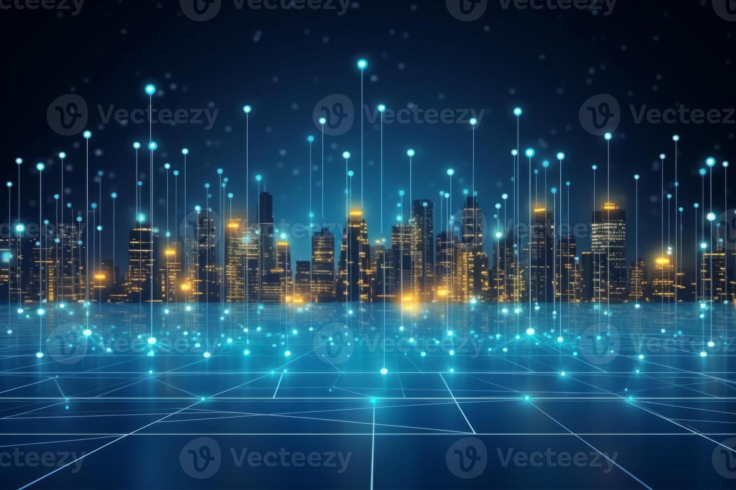Futuristic cyberpunk digital smart city blue neon lights skyscrapers urban architecture building wireless network tech connection abstract background future technology virtual reality photo