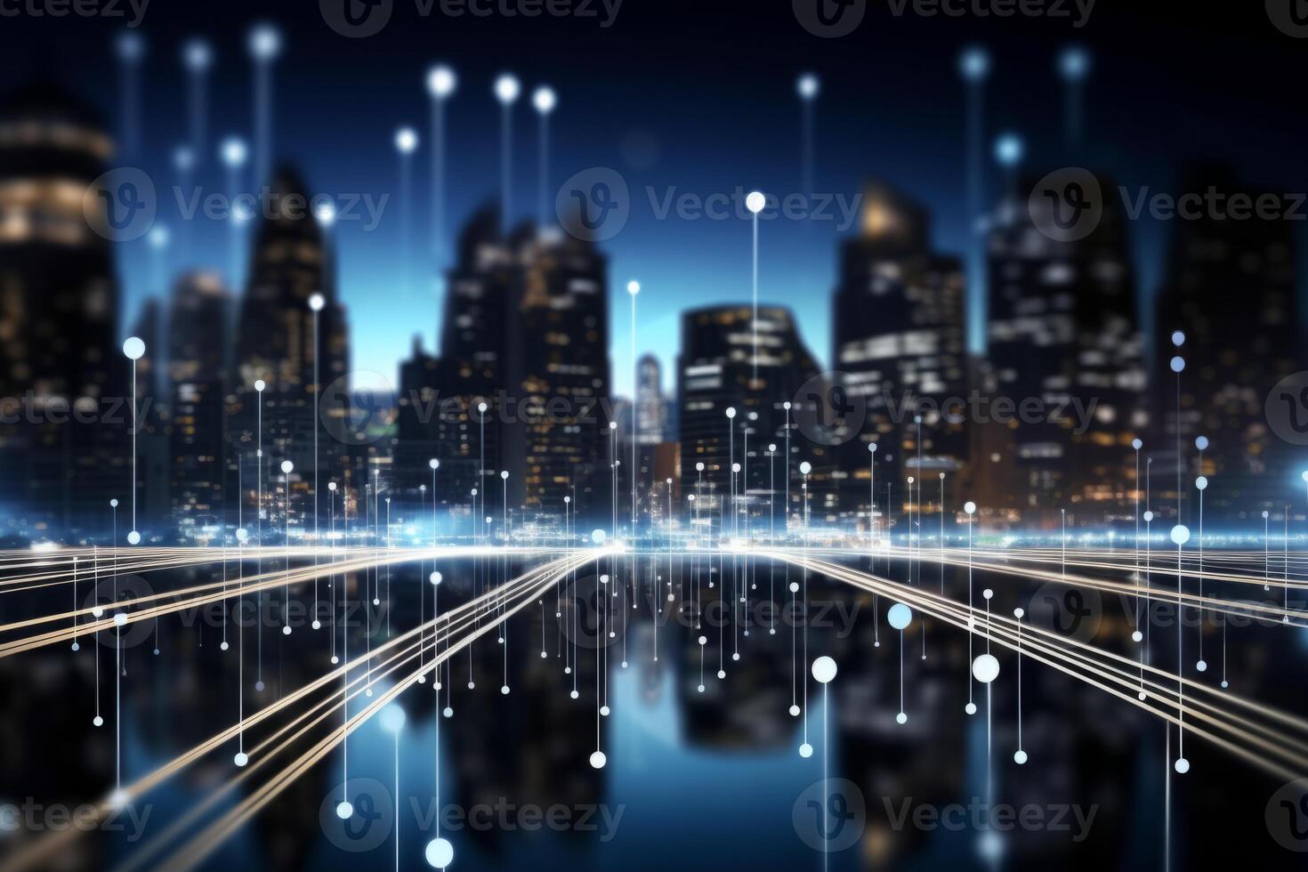 Futuristic cyberpunk digital smart city blue neon lights skyscrapers urban architecture building wireless network tech connection abstract background future technology virtual reality photo