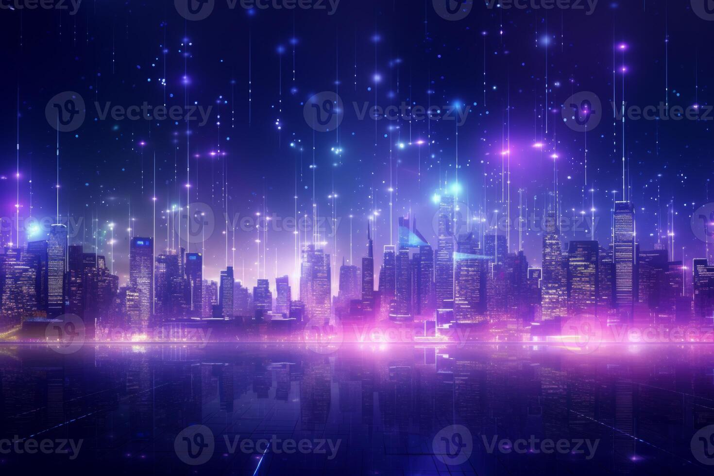 Futuristic cyberpunk digital smart city blue neon lights skyscrapers urban architecture building wireless network tech connection abstract background future technology virtual reality photo
