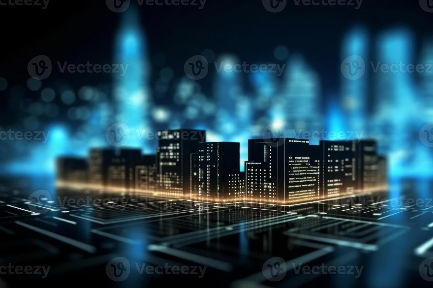 Futuristic cyberpunk digital smart city blue neon lights skyscrapers urban architecture building wireless network tech connection abstract background future technology virtual reality photo