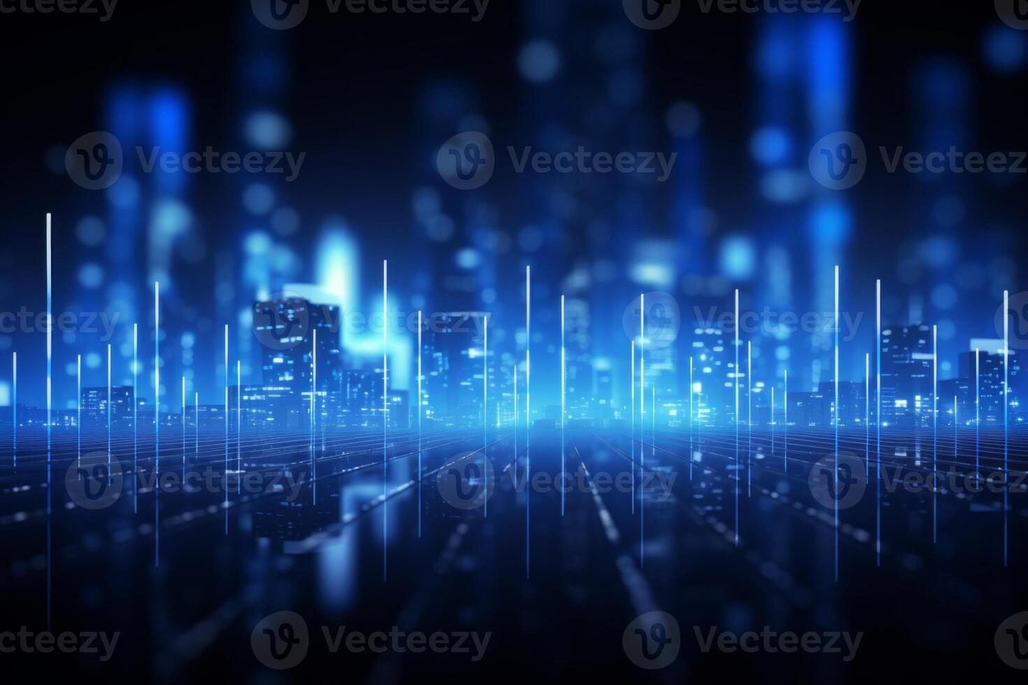 Futuristic cyberpunk digital smart city blue neon lights skyscrapers urban architecture building wireless network tech connection abstract background future technology virtual reality photo