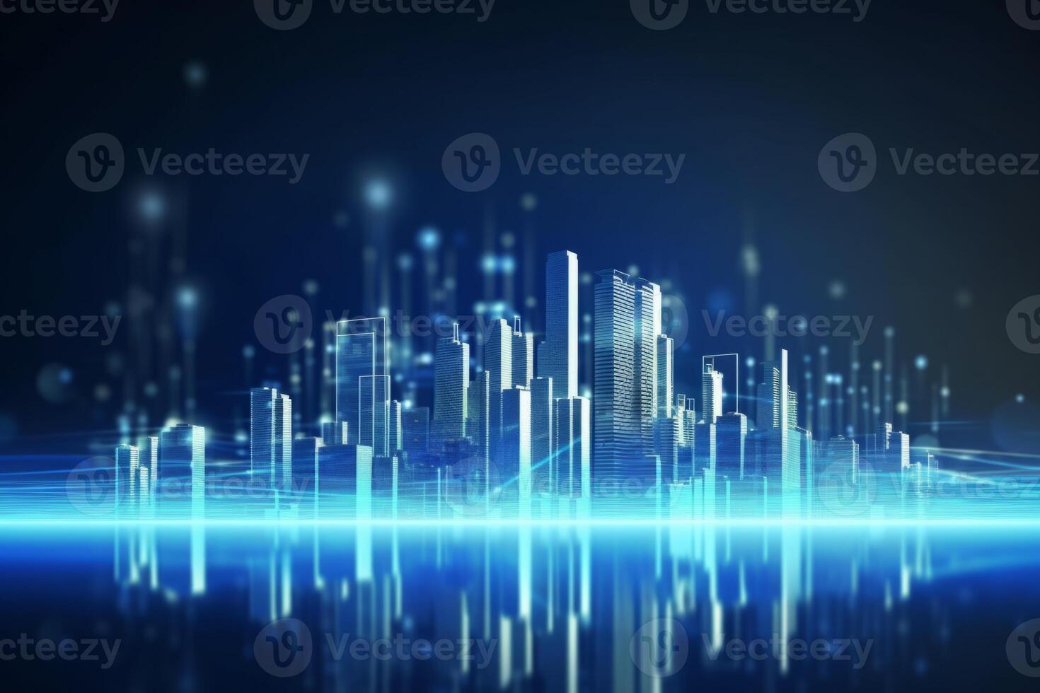 Futuristic cyberpunk digital smart city blue neon lights skyscrapers urban architecture building wireless network tech connection abstract background future technology virtual reality photo