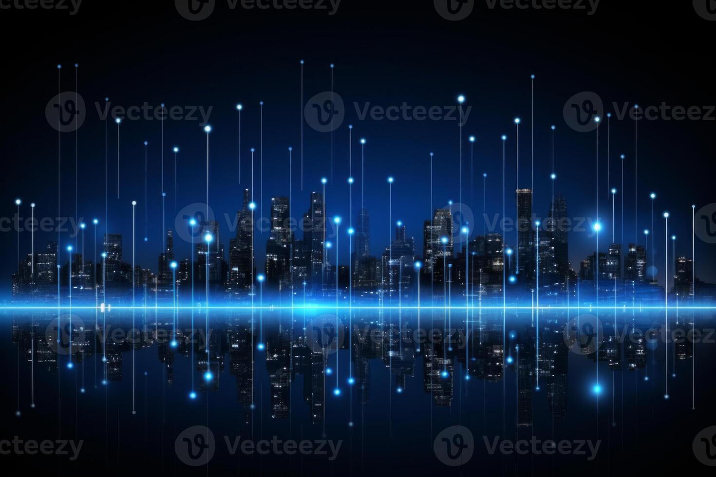 Futuristic cyberpunk digital smart city blue neon lights skyscrapers urban architecture building wireless network tech connection abstract background future technology virtual reality photo