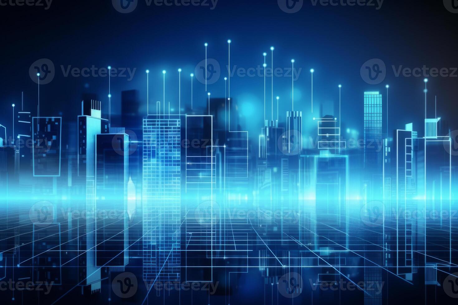 Futuristic cyberpunk digital smart city blue neon lights skyscrapers urban architecture building wireless network tech connection abstract background future technology virtual reality photo
