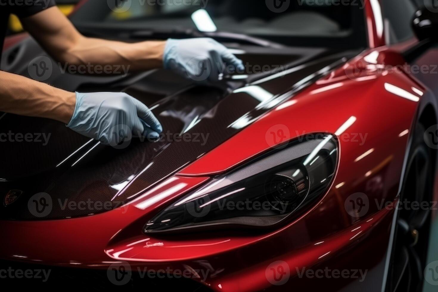 Professional unrecognizable Caucasian specialist male man guy worker master wrapping installing protective film vinyl foil new red sport car automobile transport paint protection indoors photo