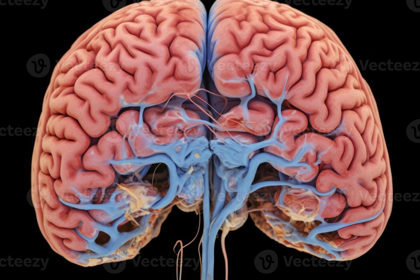Artificial human brain organ section close up medical surgery science research analyzing model on black background. Education nerve physiology cognitive learning neurology anatomy photo