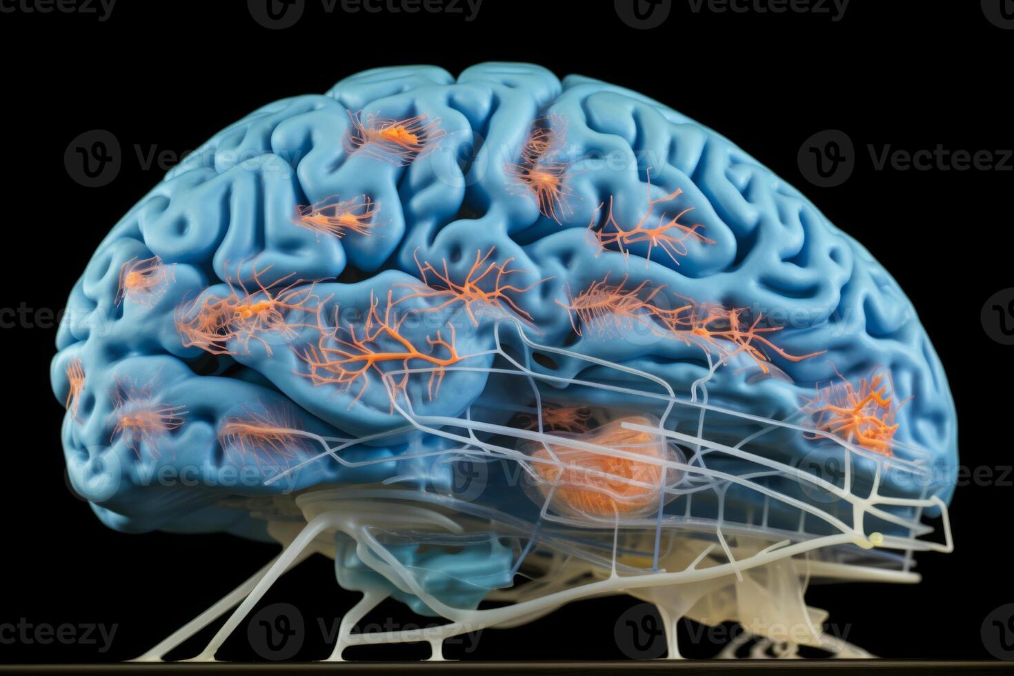 Artificial human brain organ section close up medical surgery science research analyzing model on black background. Education nerve physiology cognitive learning neurology anatomy photo