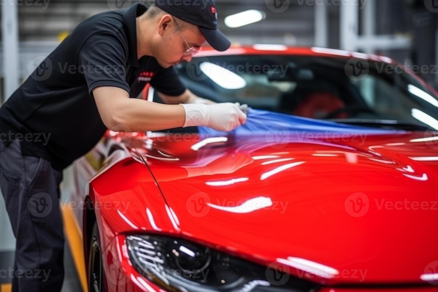 Professional unrecognizable Caucasian specialist male man guy worker master wrapping installing protective film vinyl foil new red sport car automobile transport paint protection indoors photo
