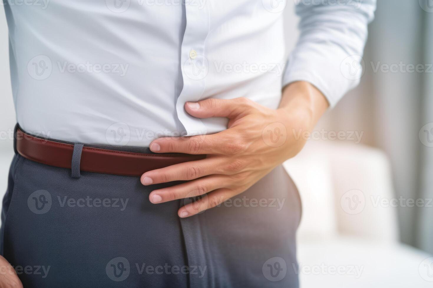 Adult person stomach ache holding hand on belly pain diarrhea