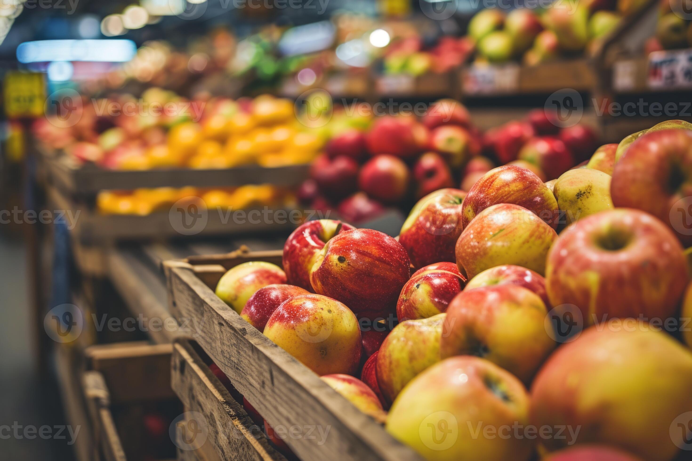Apples on supermarket apple shelves display retail store organic local