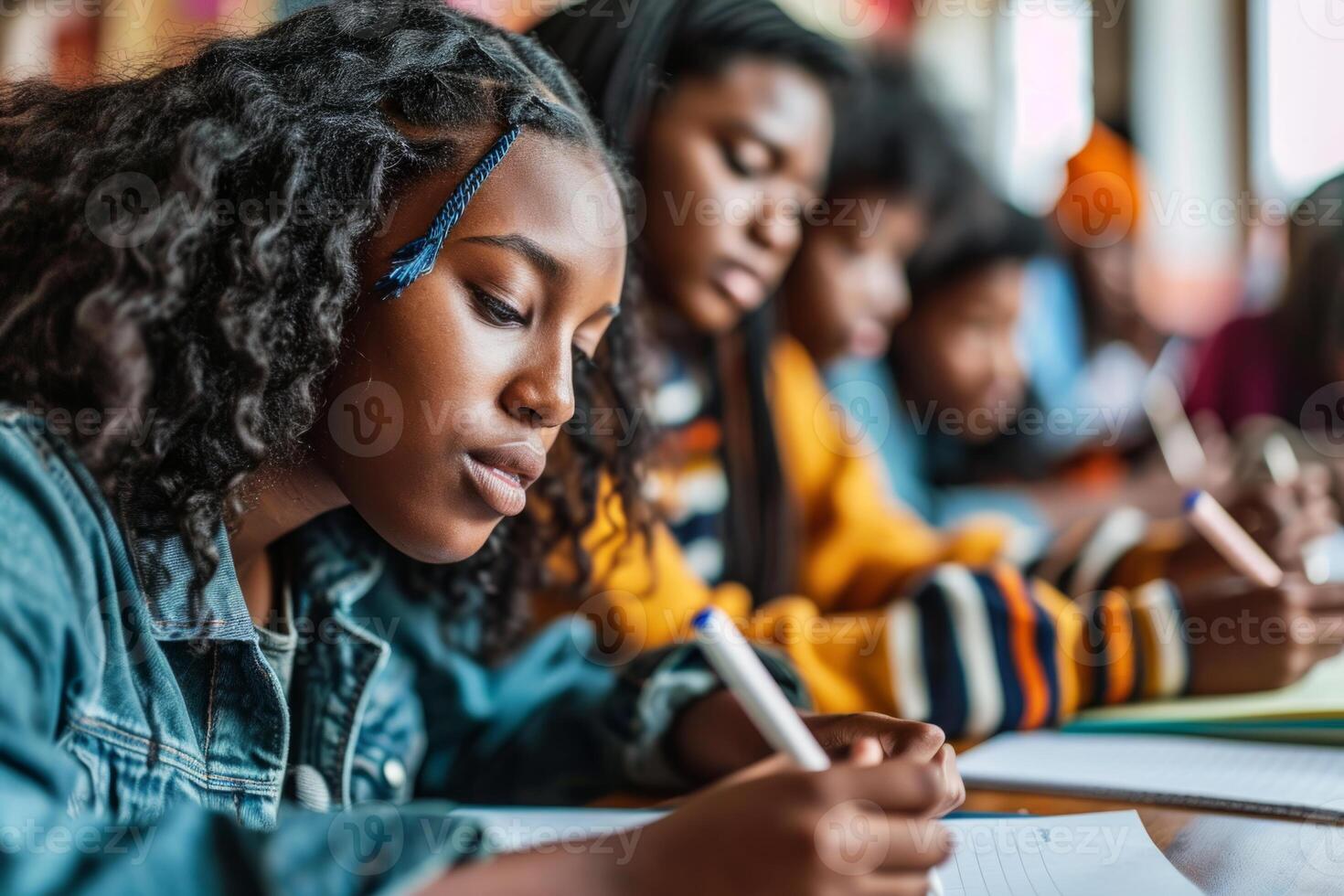 Young child doing homework preparing for test exercise exam education system learning writing notes kid studying drawing interactive lessons home book interested engaged elementary school photo
