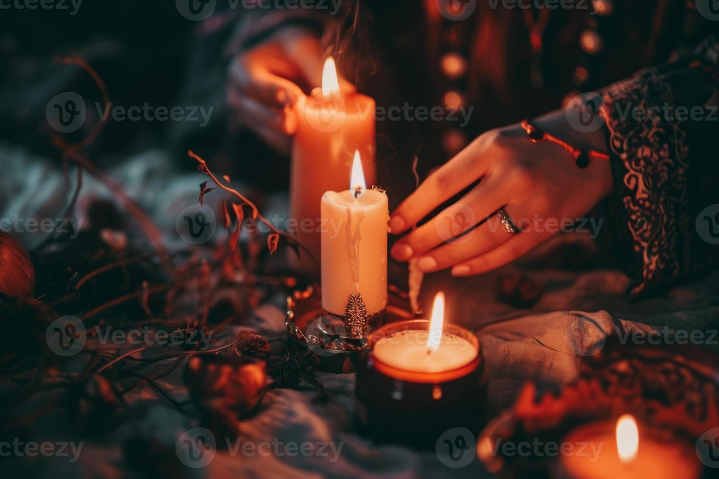 Unrecognizable female woman witch lighting different burn candles flame making rite herbs mystic magic ritual magical attributes indoor night evening. Esoteric witchery background witchcraft Halloween photo