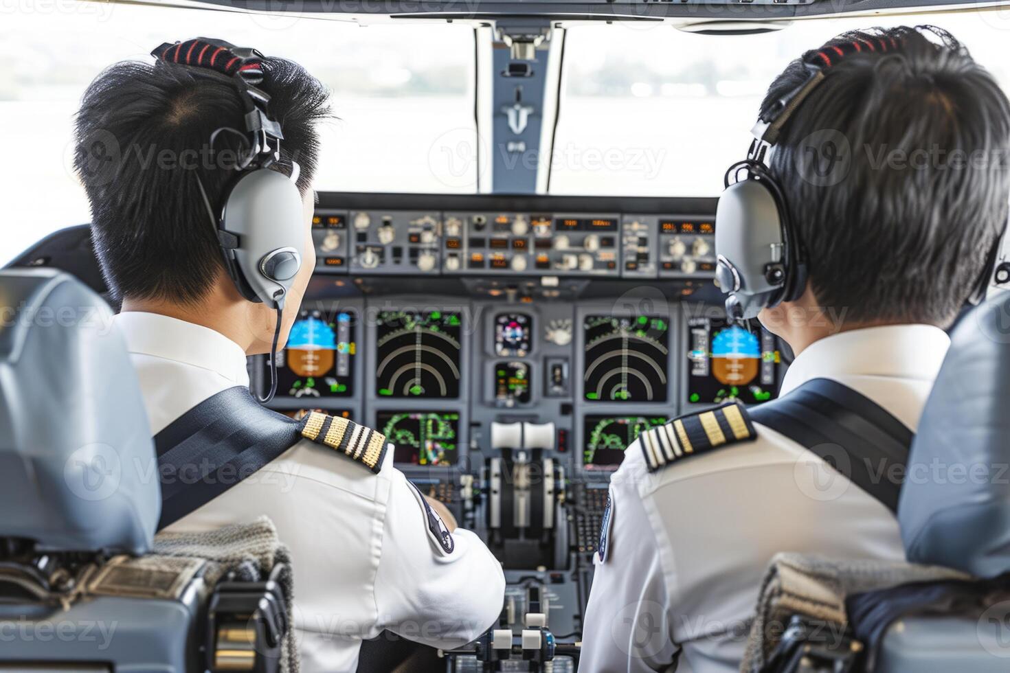 Two pilots flying cockpit aircraft controls travel airlines plane airplane transportation flight crew professionals navigating jet adults experienced officer commercial transport tourism photo