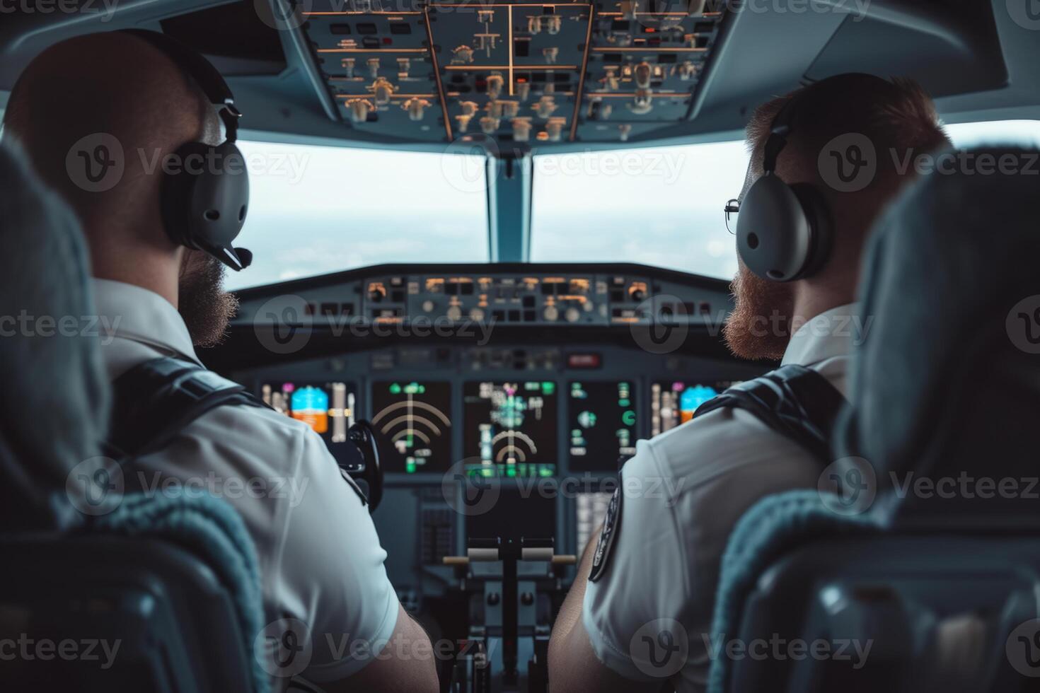 Two pilots flying cockpit aircraft controls travel airlines plane airplane transportation flight crew professionals navigating jet adults experienced officer commercial transport tourism photo