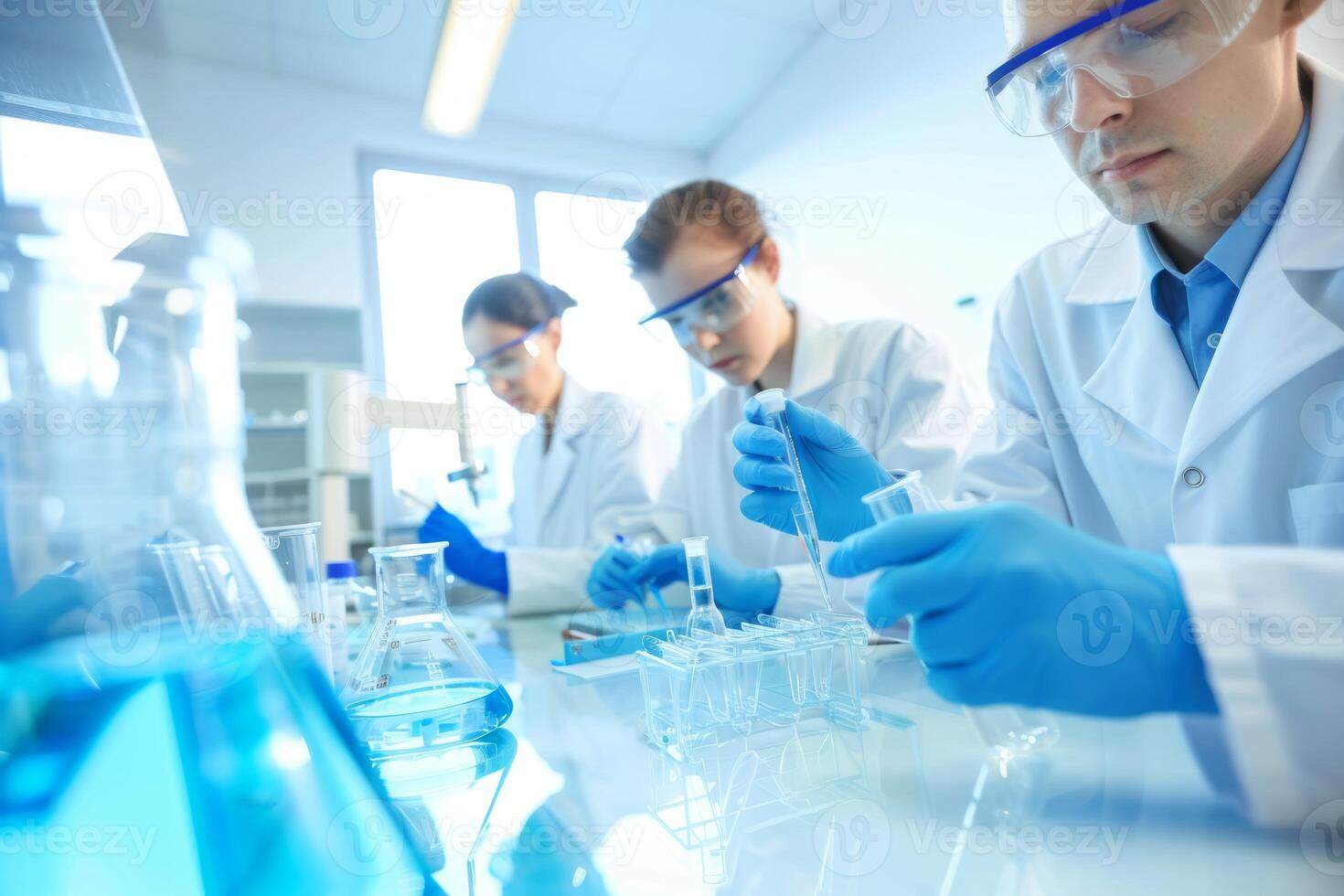 Group of scientists doing research conducting experiments doctors researching performing tests university students medical laboratory scientific treatment biotechnology discovery genetics photo