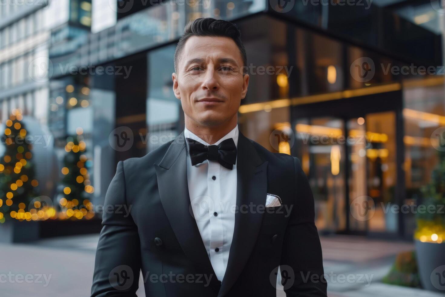 Charismatic businessperson standing in front of company hq office manager successful rich entrepreneur real estate agent marketing specialist finance expert stock broker businessman photo