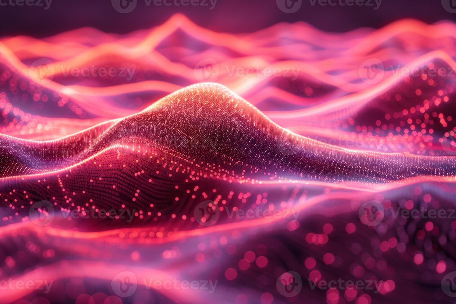 A colorful, abstract image of a pink and blue ocean with mountains in the background. The waves are wavy and the mountains are tall and jagged. Scene is one of serenity and tranquility photo