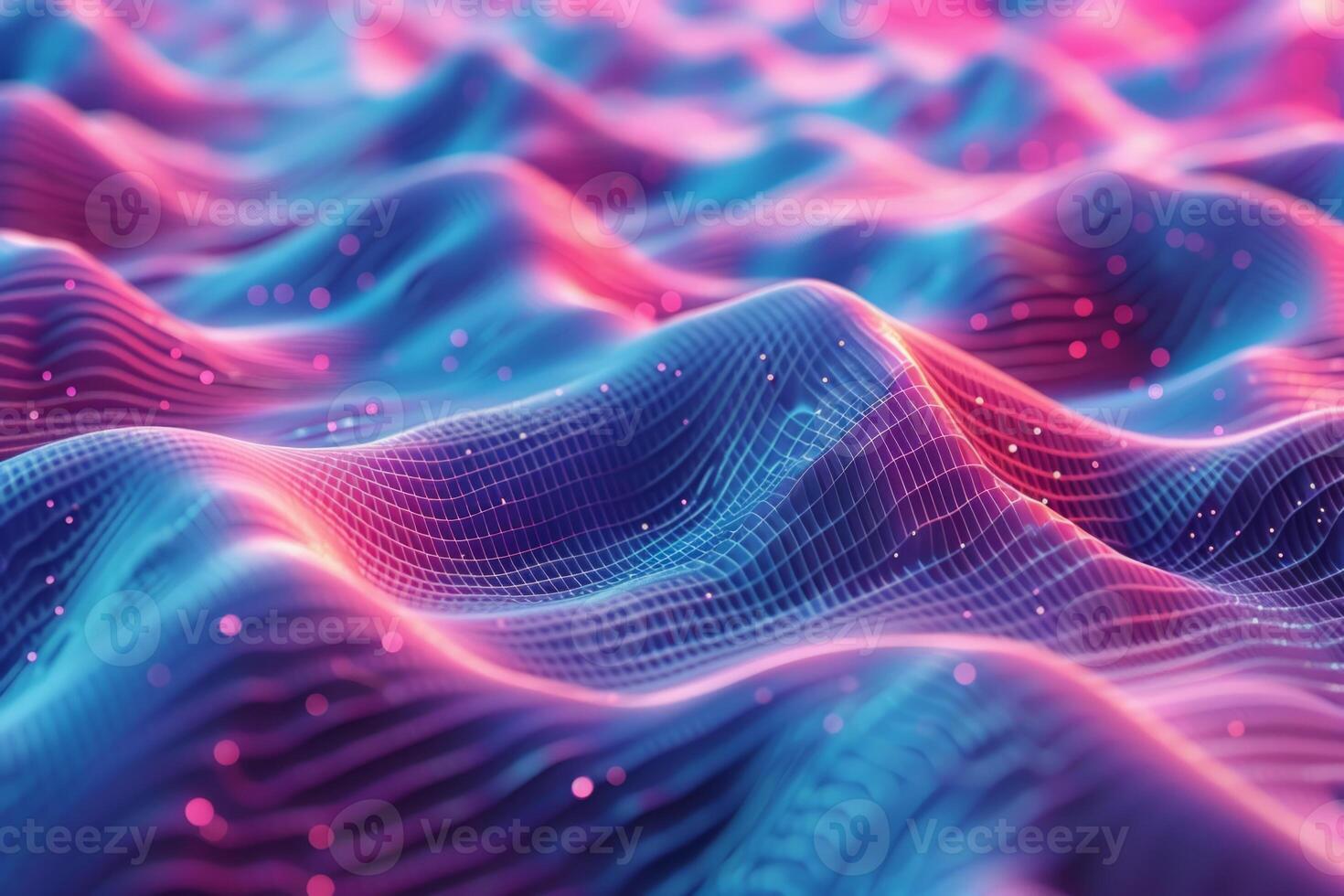A colorful, abstract image of a pink and blue ocean with mountains in the background. The waves are wavy and the mountains are tall and jagged. Scene is one of serenity and tranquility photo