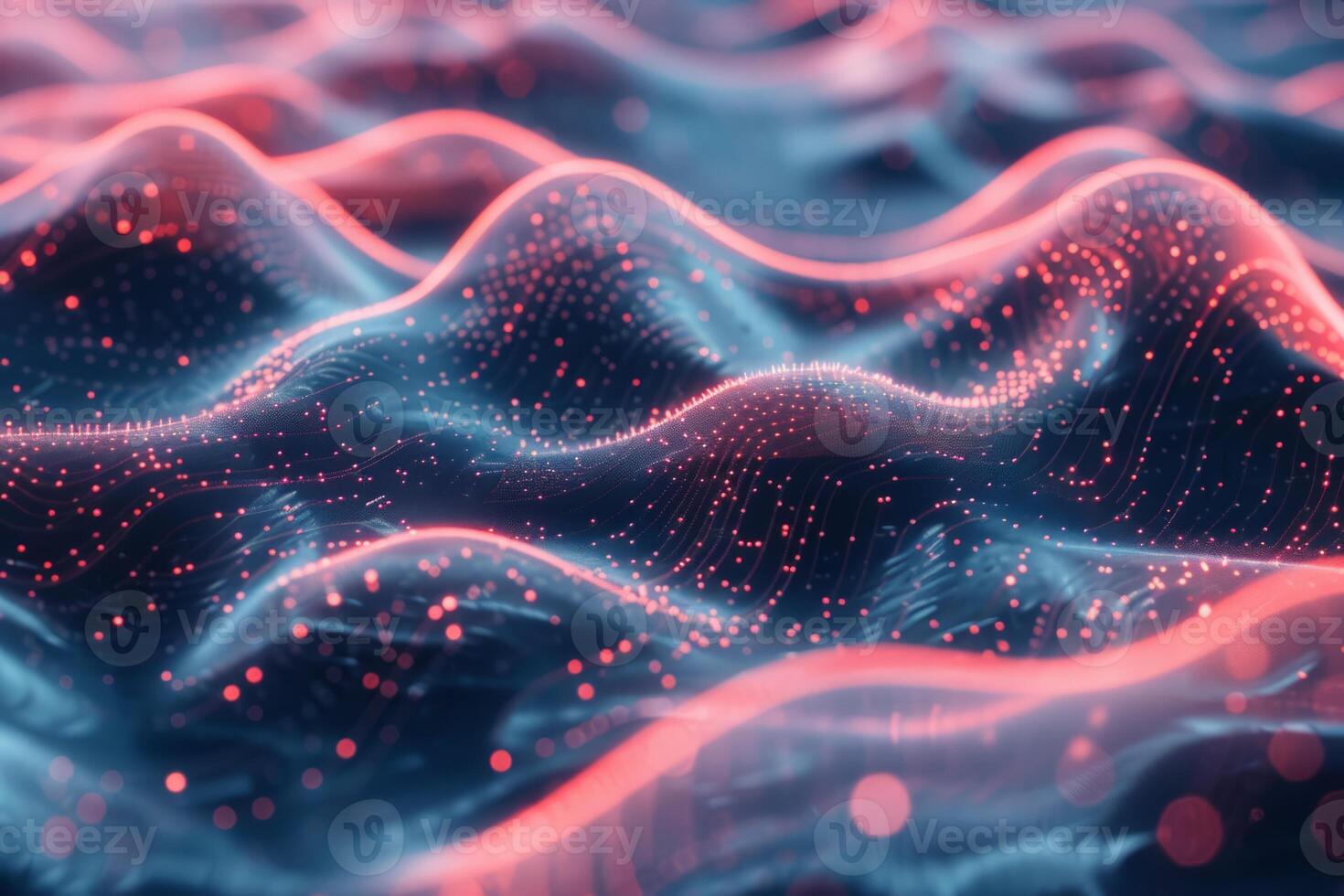A colorful, abstract image of a pink and blue ocean with mountains in the background. The waves are wavy and the mountains are tall and jagged. Scene is one of serenity and tranquility photo
