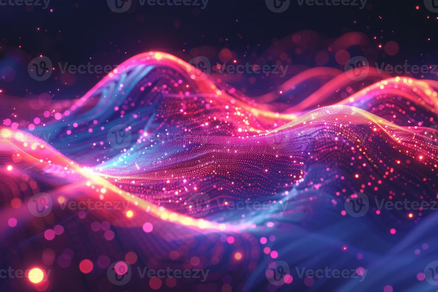 A colorful, abstract image of a pink and blue ocean with mountains in the background. The waves are wavy and the mountains are tall and jagged. Scene is one of serenity and tranquility photo