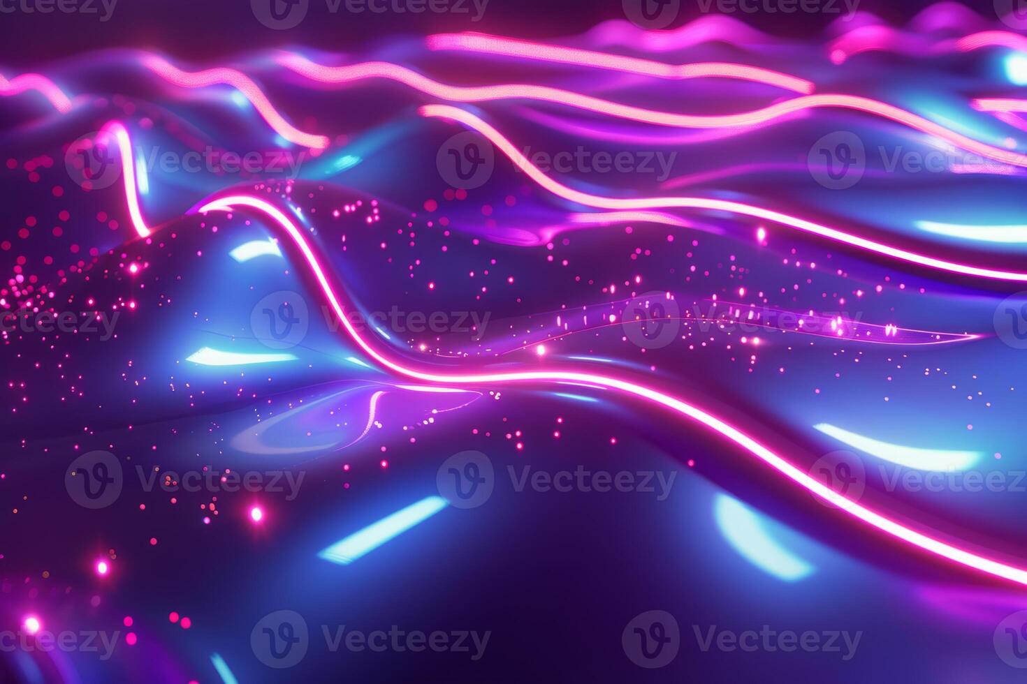 A colorful, abstract image of a pink and blue ocean with mountains in the background. The waves are wavy and the mountains are tall and jagged. Scene is one of serenity and tranquility photo