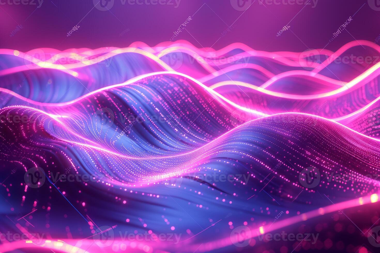 A colorful, abstract image of a pink and blue ocean with mountains in the background. The waves are wavy and the mountains are tall and jagged. Scene is one of serenity and tranquility photo