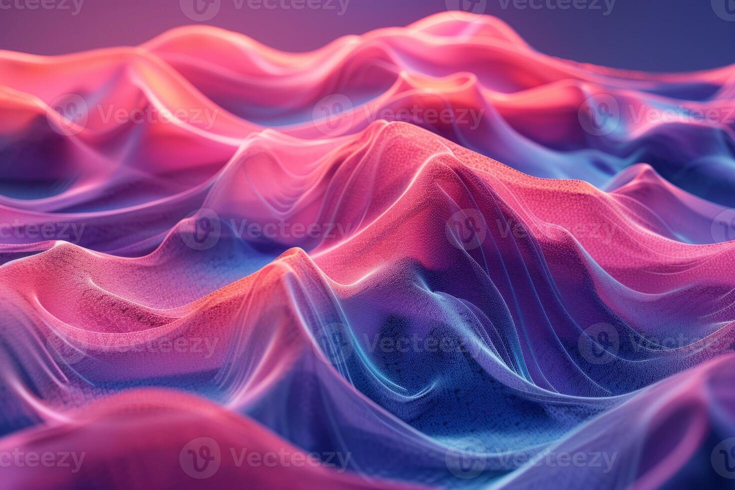 A colorful, abstract image of a pink and blue ocean with mountains in the background. The waves are wavy and the mountains are tall and jagged. Scene is one of serenity and tranquility photo