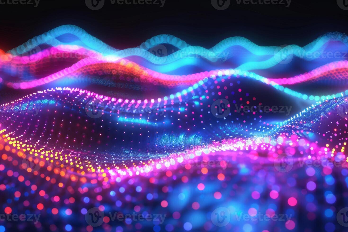 A colorful, abstract image of a pink and blue ocean with mountains in the background. The waves are wavy and the mountains are tall and jagged. Scene is one of serenity and tranquility photo