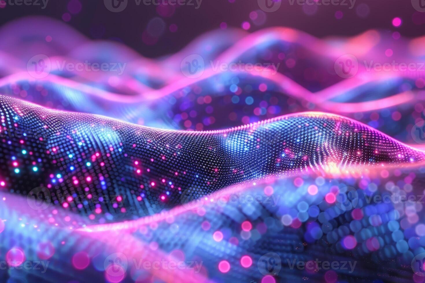A colorful, abstract image of a pink and blue ocean with mountains in the background. The waves are wavy and the mountains are tall and jagged. Scene is one of serenity and tranquility photo