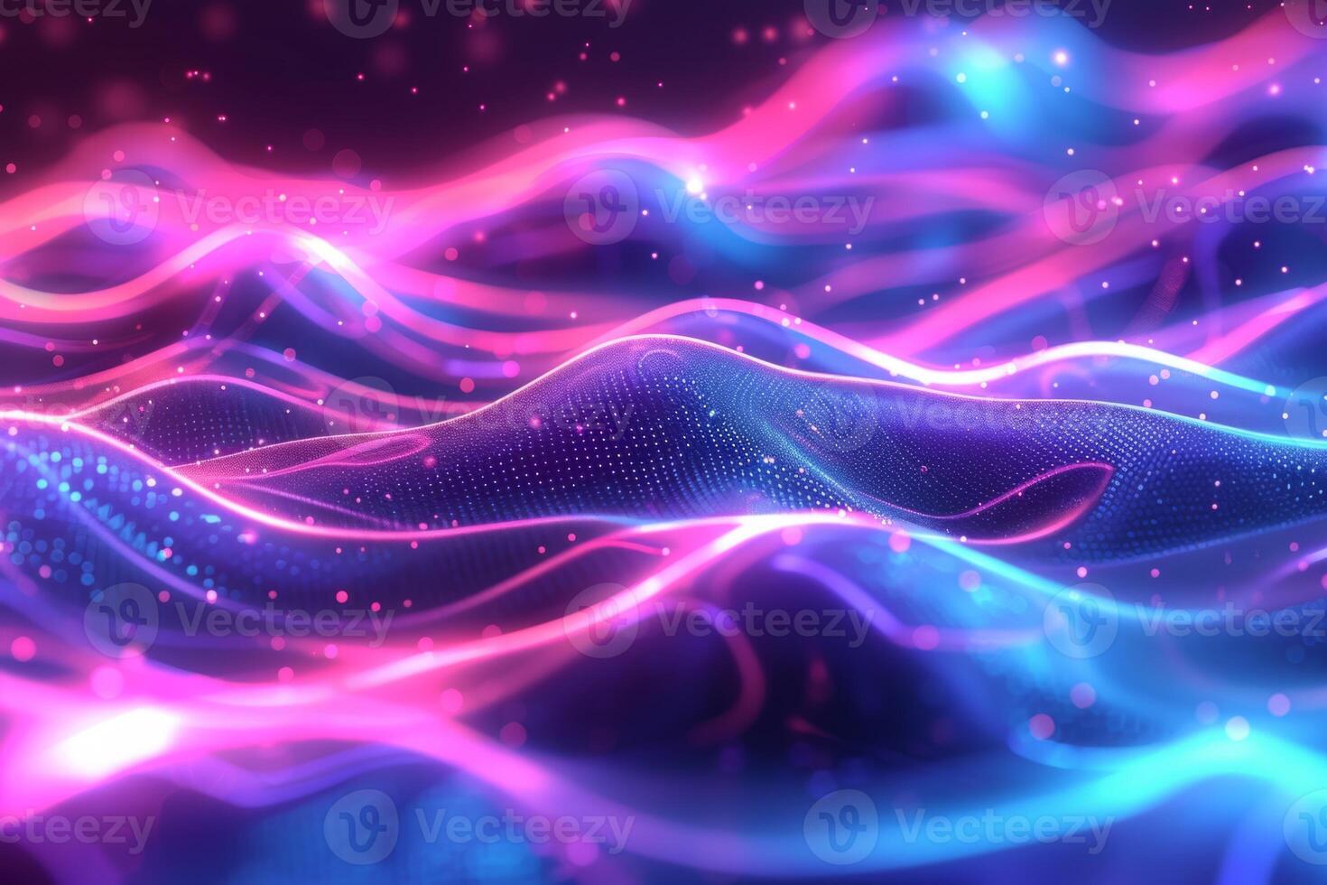 A colorful, abstract image of a pink and blue ocean with mountains in the background. The waves are wavy and the mountains are tall and jagged. Scene is one of serenity and tranquility photo