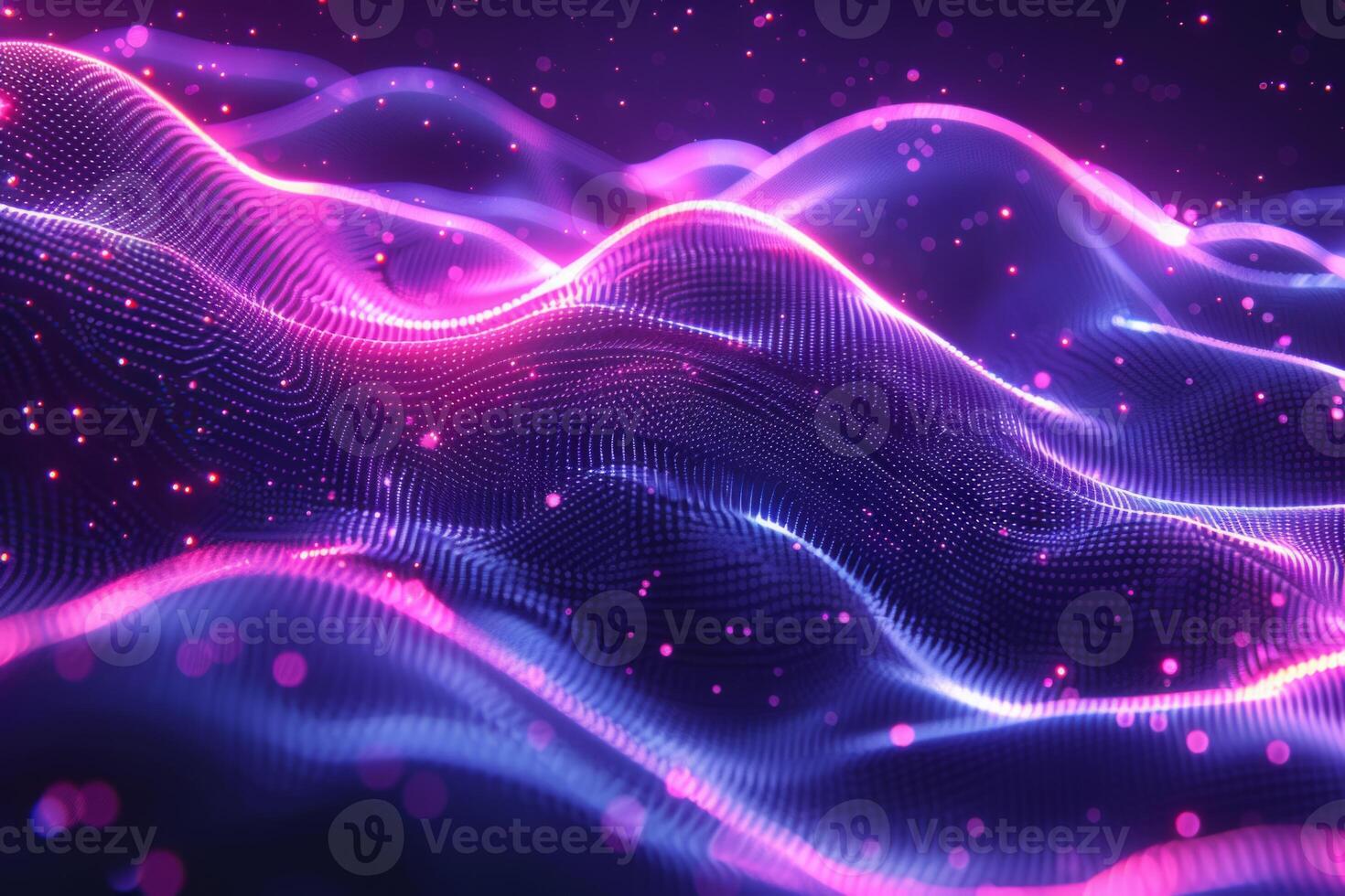 A colorful, abstract image of a pink and blue ocean with mountains in the background. The waves are wavy and the mountains are tall and jagged. Scene is one of serenity and tranquility photo