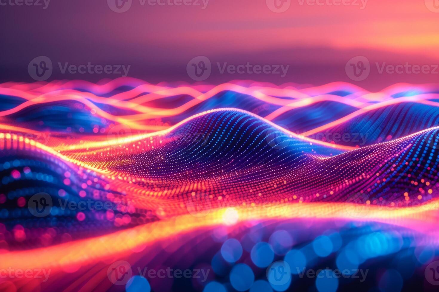 A colorful, abstract image of a pink and blue ocean with mountains in the background. The waves are wavy and the mountains are tall and jagged. Scene is one of serenity and tranquility photo