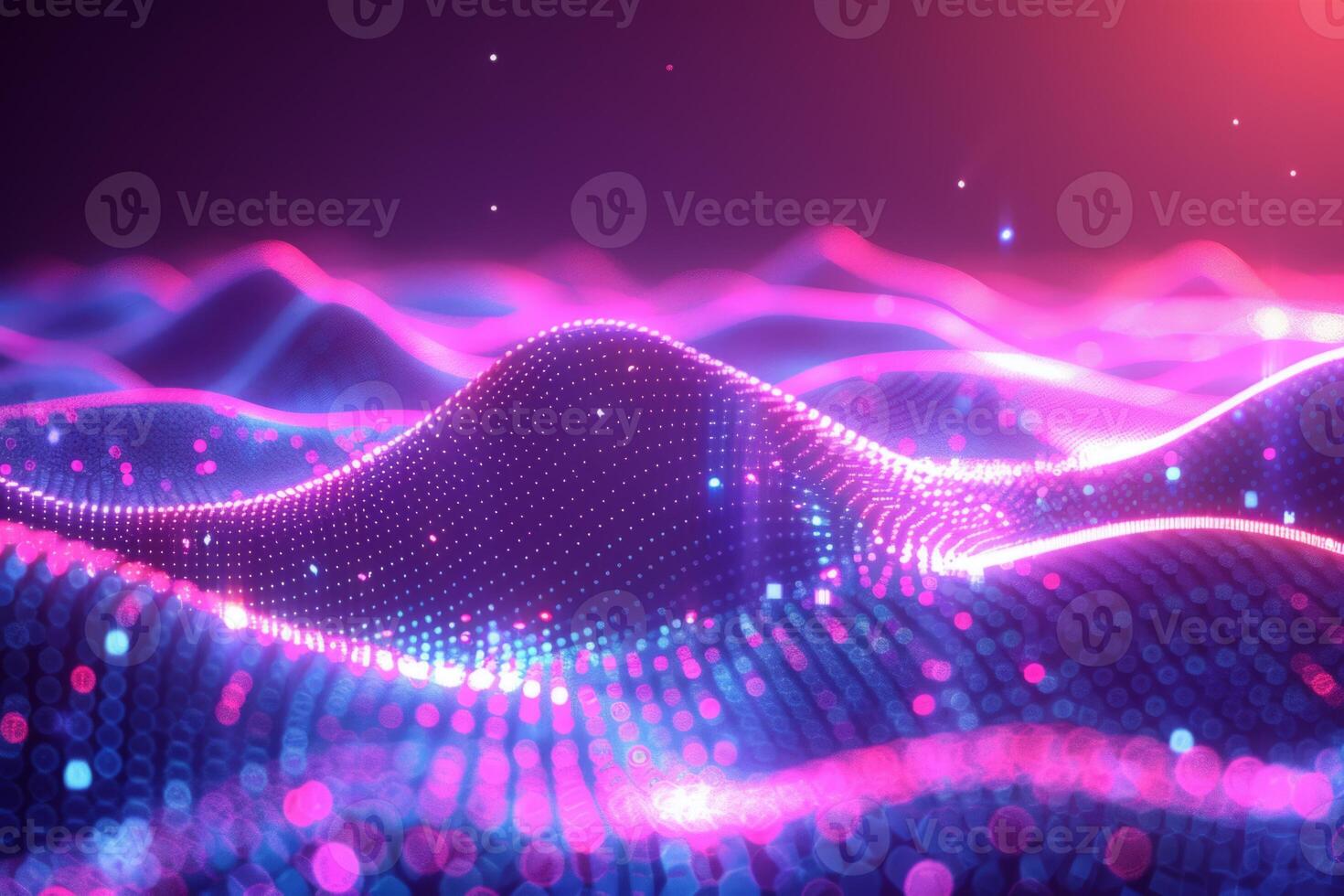 A colorful, abstract image of a pink and blue ocean with mountains in the background. The waves are wavy and the mountains are tall and jagged. Scene is one of serenity and tranquility photo