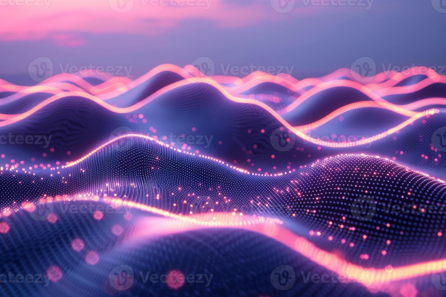 A colorful, abstract image of a pink and blue ocean with mountains in the background. The waves are wavy and the mountains are tall and jagged. Scene is one of serenity and tranquility photo