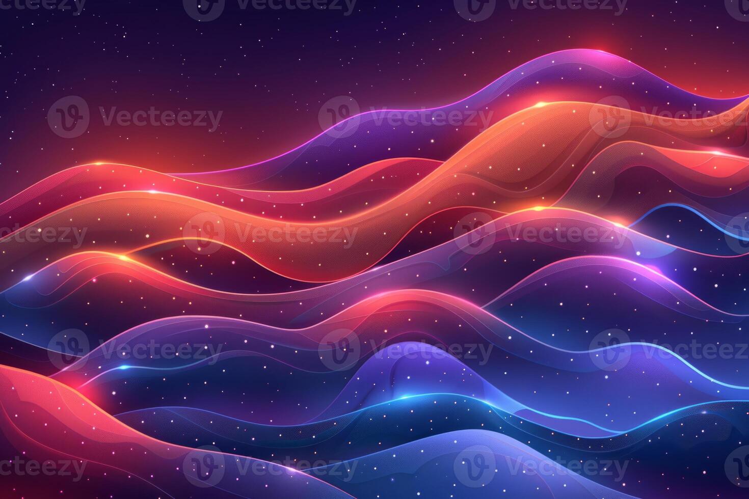 A colorful, abstract image of a pink and blue ocean with mountains in the background. The waves are wavy and the mountains are tall and jagged. Scene is one of serenity and tranquility photo