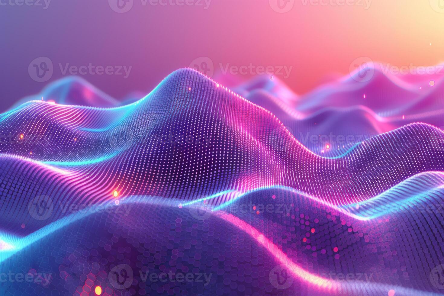 A colorful, abstract image of a pink and blue ocean with mountains in the background. The waves are wavy and the mountains are tall and jagged. Scene is one of serenity and tranquility photo