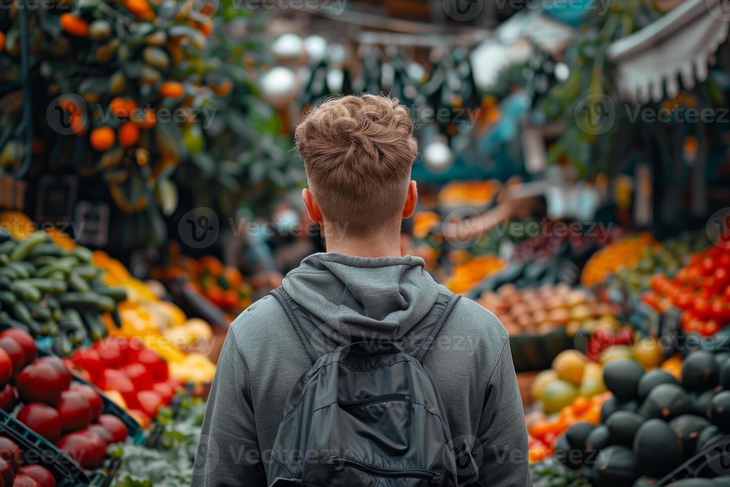 Young beautiful person deciding on groceries choosing food in convenience store organic meal healthy eating habits supermarket market customer looking for a lunch photo