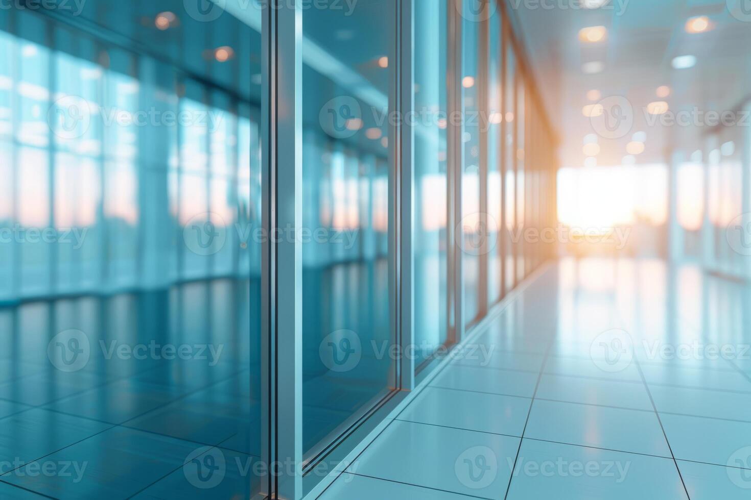 A large, empty office room with a sun shining through the windows. Modern space is made of glass and has a shiny, reflective surface photo