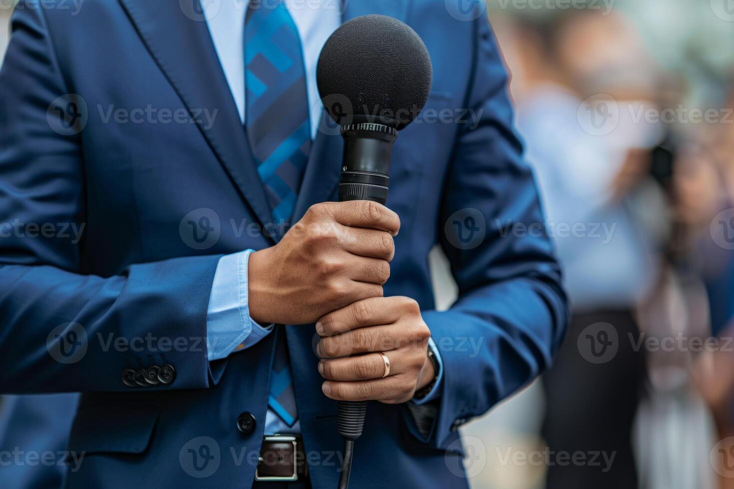 Businessperson politician interview on street political advertisement ad campaign upcoming elections cameras recording microphones ask questions journalists media coverage reporters live photo