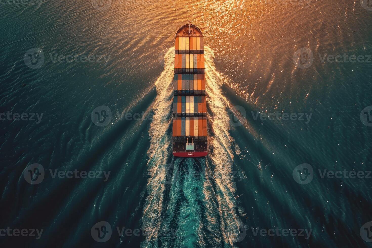 A large cargo ship is sailing through the ocean with the sun setting in the background. The ship is the main focus of the image, and the sun's reflection on the water creates a serene photo